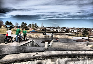 Wide angle view of the Thornton, CO skate park.