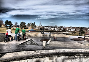 Wide angle view of the Thornton, CO skate park. 
